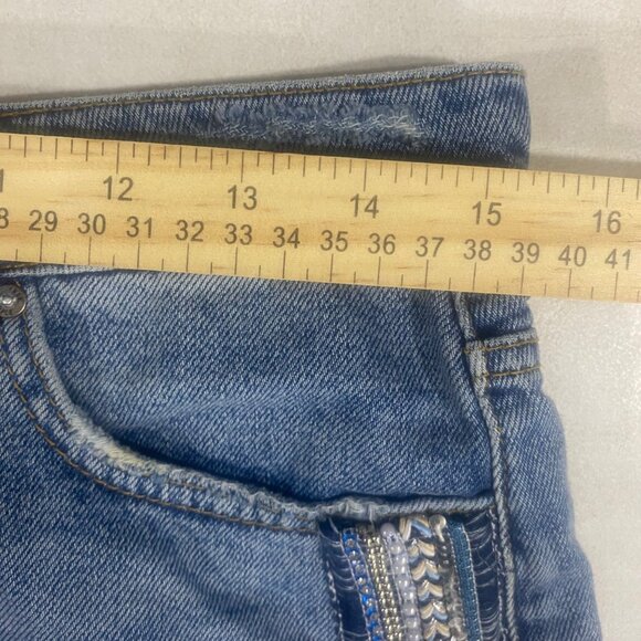 Free People Embellished Distressed Denim Mini Skirt Size 1 US M Boho Hippie - Picture 5 of 8